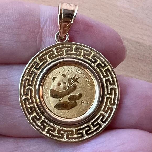 14K BEZEL SET PENDANT PANDA COIN 2000 1/20oz 5 YUAN FROSTED .999 FINE GOLD